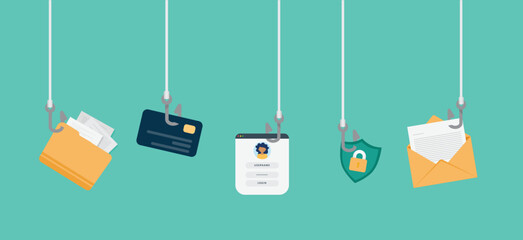 Phishing scam concept. Fraud protection, password steal, data phishing - obrazy, fototapety, plakaty
