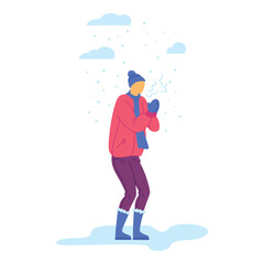 Cartoon Character Man and Cold Weather Concept Flat Design Style Isolated on a White Background. Vector illustration