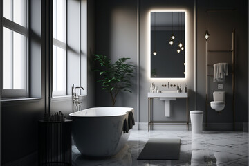 Obraz na płótnie Canvas white bath tub sitting in a bathroom next to a window. generative ai.
