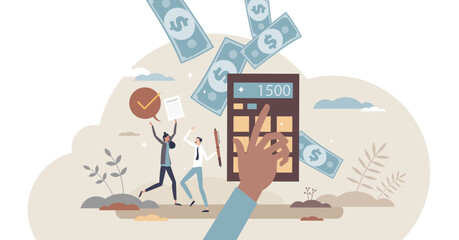 Tax refund and financial income after VAT calculation tiny person concept, transparent background.Paying back government overpayment after receiving budget report illustration.