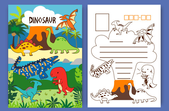 cute colorful dinosaur  in cartoon style postcard