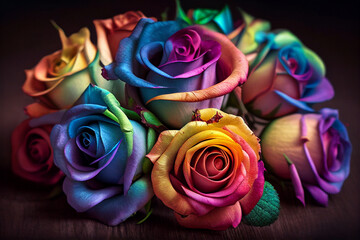 Fototapeta na wymiar Colorful Roses Bouquet in rainbow colors, LGBTQ+ colors, illustration, Generative AI