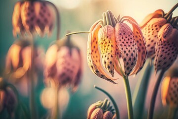 Snake's head fritillary flowers blooming in spring. Generative AI