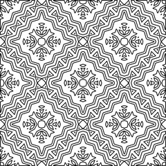 
 Monochrome ornamental texture with smooth linear shapes, zigzag lines, lace pattern.Abstract geometric black and white pattern for web page, textures, card, poster, fabric, textile.