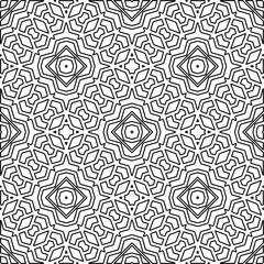 Fototapeta premium Monochrome ornamental texture with smooth linear shapes, zigzag lines, lace pattern.Abstract geometric black and white pattern for web page, textures, card, poster, fabric, textile.