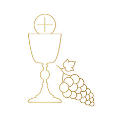 golden holy communion icon, chalice with waffer and grapes- vector illustration - obrazy, fototapety, plakaty