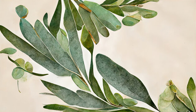 Awesome Eucalyptus leaves border, Watercolor illustration isolated on white, Greenery clipart for wedding. Generative Ai
