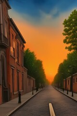 Fototapeta premium Painting of a victorian style street with sunset - generative ai