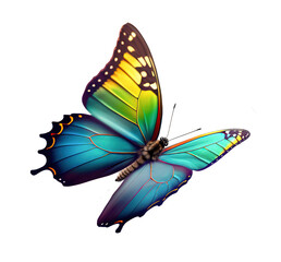 Very beautiful blue yellow green butterfly in flight isolated on a transparent background. - obrazy, fototapety, plakaty