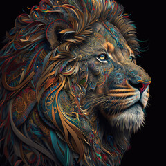 Lion, colorful, intricate details 