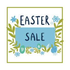 Happy Easter banner, poster, plate, price tag. Design with typography, rabbits, flowers, eggs, rabbit ears, in pastel colors.