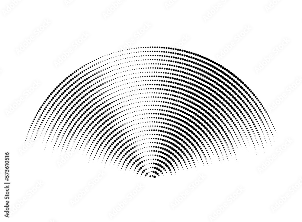 Poster Dotted sound wave signal. Radio or music audio concept. Epicentre or radar icon. Textured radial signal or vibration elements. Impulse curve lines. Concentric ripple semi circles. Vector