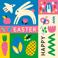 Happy Easter set of cards, posters  in modern flat hand drawn style with bunny and eggs. Trendy minimalistic illustration for advertising, congratulations or invitations