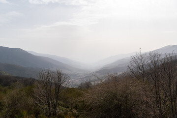Panoramic view of Tornavacas in the Jerte Valley with a little fog, in the north of Cáceres, Extremadura, Spain