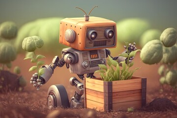 Automatic robot working in vegetables and fruits farm to harvesting product. Generative AI