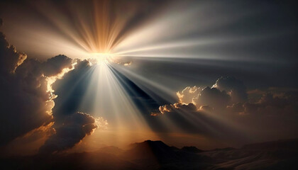 Fototapeta na wymiar Heavenly rays of light in the clouds. Dreamy inspiring hope concept. Sun rays from heaven. Blessed light.
