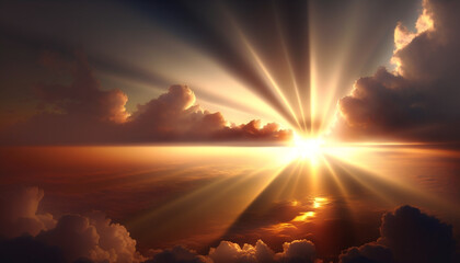 Heavenly rays of light in the clouds. Dreamy inspiring hope concept. Sun rays from heaven. Blessed light.