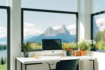 Homeoffice with beautiful mountain view, cozy with plants, created with Generative AI