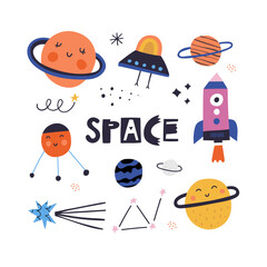Space hand drawn word, funny childish outer space collection clipart. 
