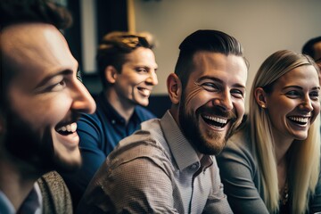 Group of happy young business people working and meeting at office, AI generated