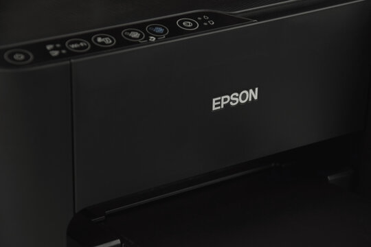Epson L3150 color printer. Close-up of the emblem.