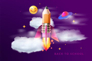 Back to school banner education concept. Realistic 3d cartoon style rocket flying in clouds sky, creative design