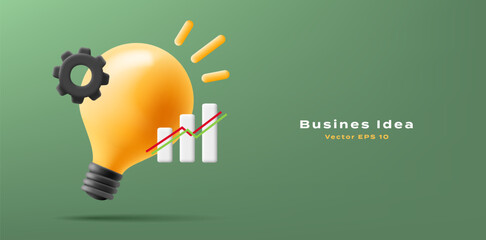 Business idea, 3d vector. A modern image of a light bulb, a progress graphic, and a gear on a green background. For advertising concept of marketing, business, finance.