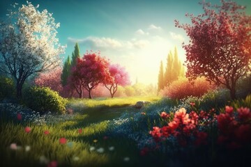 Beautiful spring landscape. Nature background. AI generated