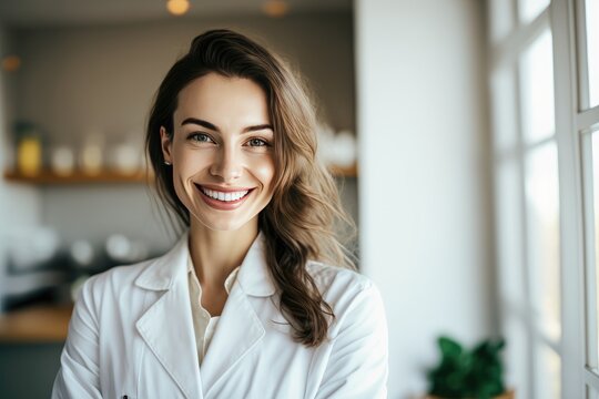 Portrait of beautiful happy doctor woman in a white medical coat in hospital, AI generated