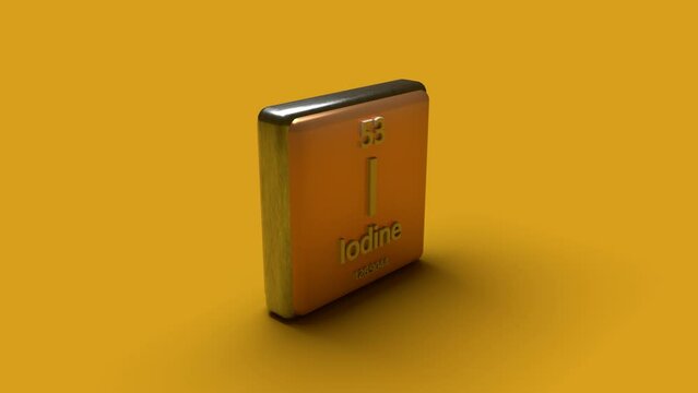 Iodine element from the periodic table series. Metallic icon on yellow background. Infinity loop 4k. 3d rendering