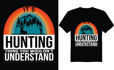 Hunting typography outdoor icon t-shirt design vector. Wildlife symbol with mountain, deer, adventure fashion style text black t clothes. Ready for apparel, template, print retro vintage sign art.