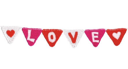 Knitted flags line with triangular flags with the letters: love. Cut out on a transparent background.
