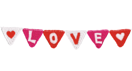 Knitted flags line with triangular flags with the letters: love. Cut out on a transparent background.