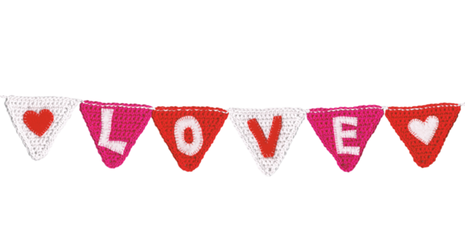 Knitted flags line with triangular flags with the letters: love. Cut out on a transparent background.