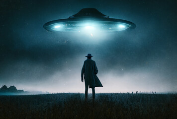 alien ship UFO approaching a cowboy at night, silhouette of an alien abduction, generative ai - obrazy, fototapety, plakaty