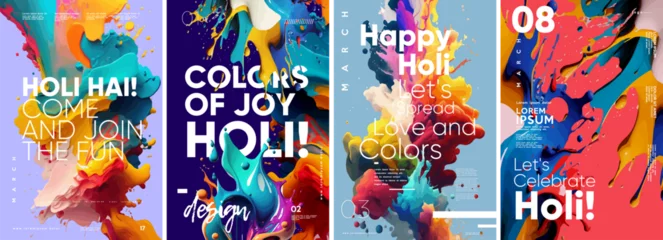 Fotobehang Holi, great design for any purposes. Happy festive background. Set of vector illustrations. Festive banner. Typography design and vectorized 3D illustrations on the background. © Molibdenis-Studio