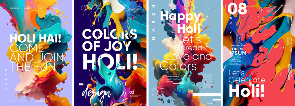 Holi, great design for any purposes. Happy festive background. Set of vector illustrations. Festive banner. Typography design and vectorized 3D illustrations on the background.