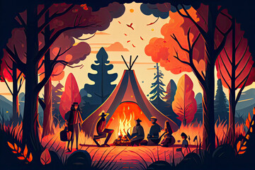 Family enjoying vacation camping at countryside in Autumn,Group of People sitting near the tent