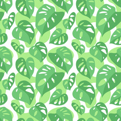 Large round green leaves with holes on a green-white spotted background. Floral seamless pattern, print, vector illustration