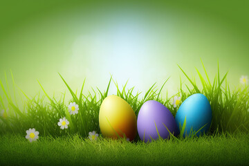 Colorful easter eggs in grass on a sunny spring day, copy space. AI	