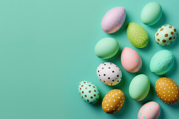 Obraz na płótnie Canvas Pastel colored easter eggs on a mint green background, copy space. AI 