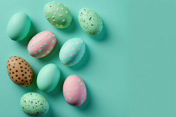 Colorful easter eggs on a mint green background, copy space. AI	