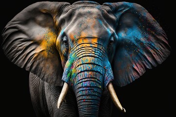 Fototapeta na wymiar Portrait face of an elephant with rainbow colors paint , isolated on black, generative AI