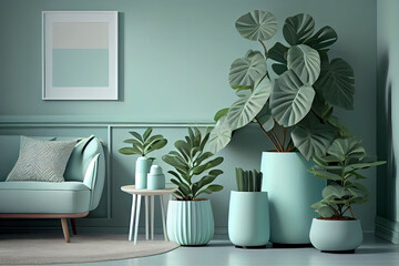 Stylish and scandinavian living room interior in a pastel green monochrome light blue color with plant pots. 3D rendering for web pages, presentations or backgrounds