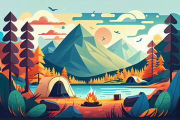 Sunny day landscape illustration in flat style with tent, campfire, mountains, forest and water. Background for summer camp, nature tourism, camping or hiking design concept