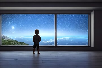 Fototapeta na wymiar A Kid Watching Out At Big Window Open To Galaxy Sky. Midnight Time. Idea For Imagination And Dream Concept. Generative AI