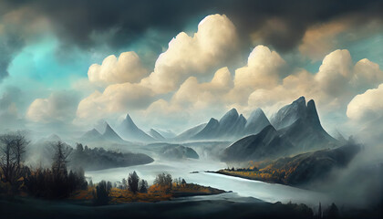 Foggy shore of a lake with forests at night. Generative Ai