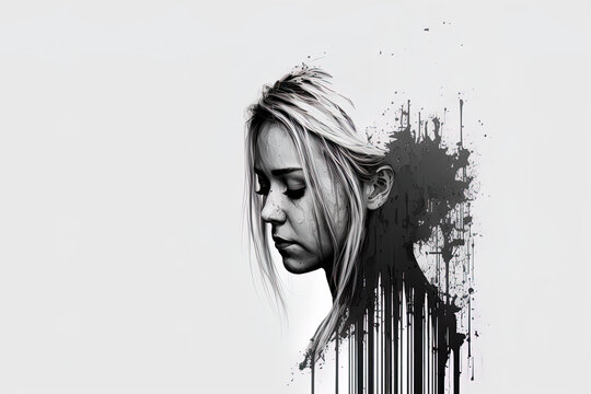 Depressed woman portrait. This image represents depression, upset, sad, broken heart concept. Minimalist digital art drawing style. Digital illustration generative AI.