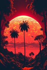 Retro science fiction image of a tropical island with palm trees. Reflection of stars in the sea. Generative AI.