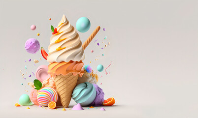 Colorful ice cream. Advertising background with copyspace. Created with generative AI technologies.